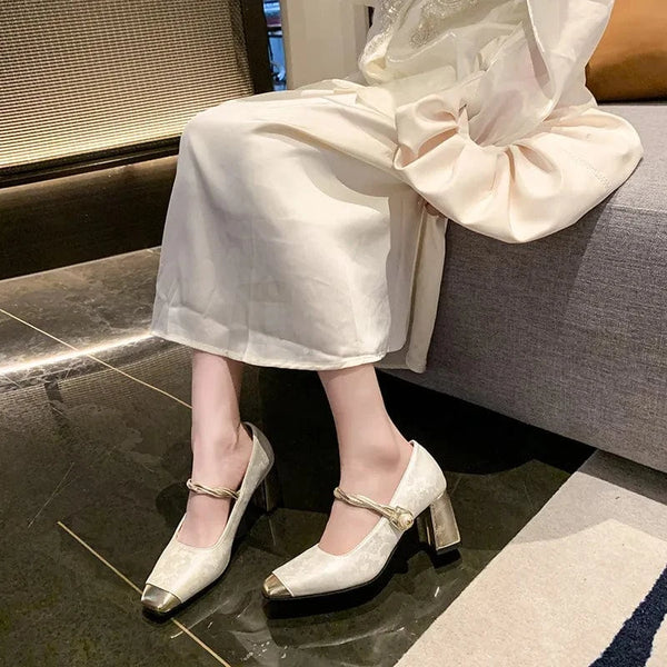 Square Toe Block Heels Pumps Beige - Fashorio