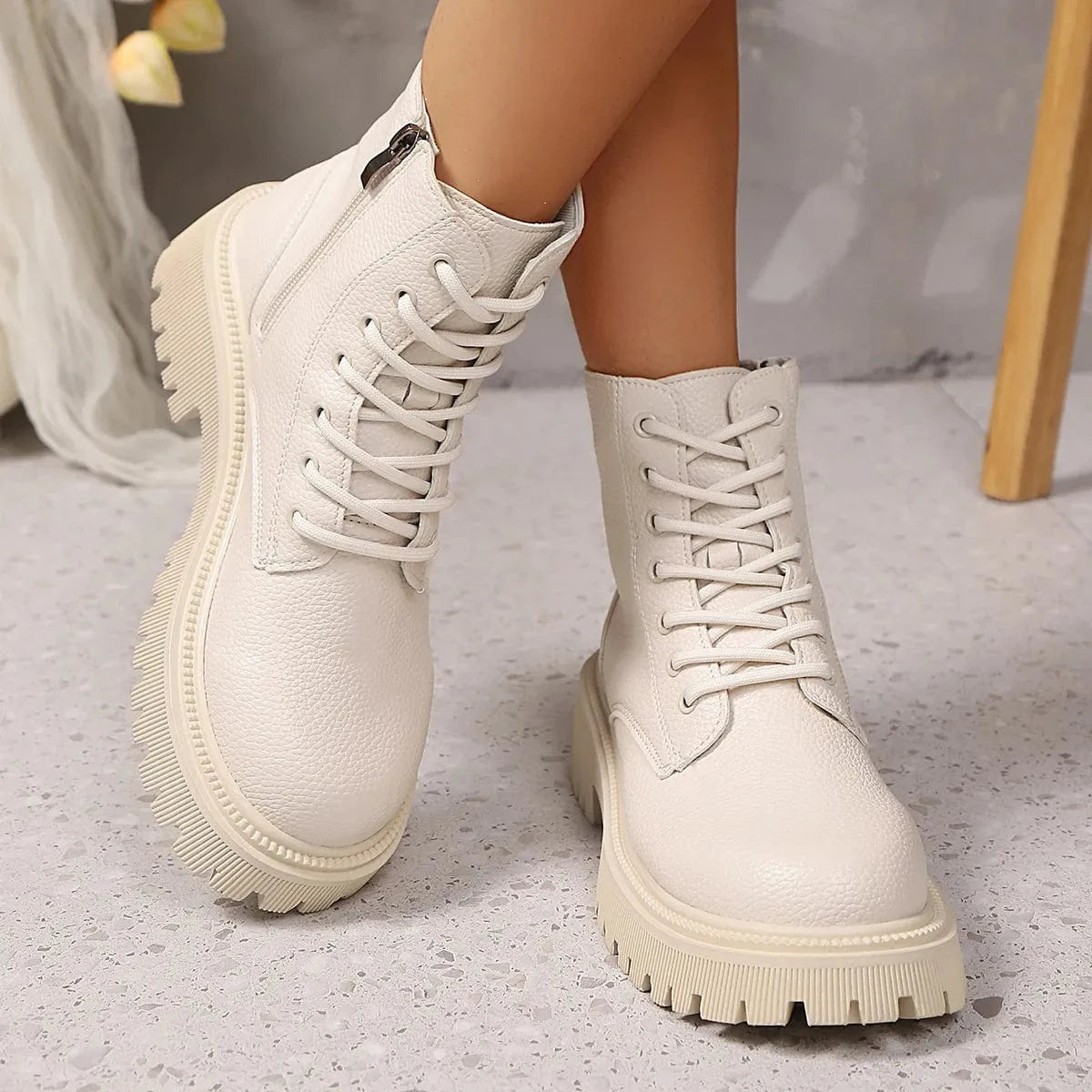 Lace Up Platform Boots Beige - Fashorio