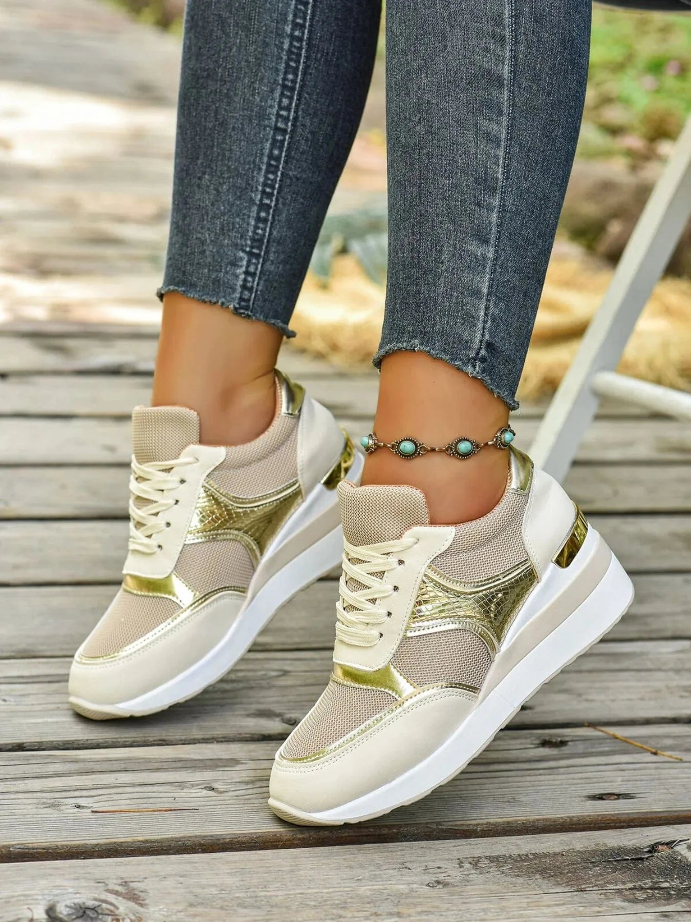 Lace Up Wedge Sneakers Beige - Fashorio