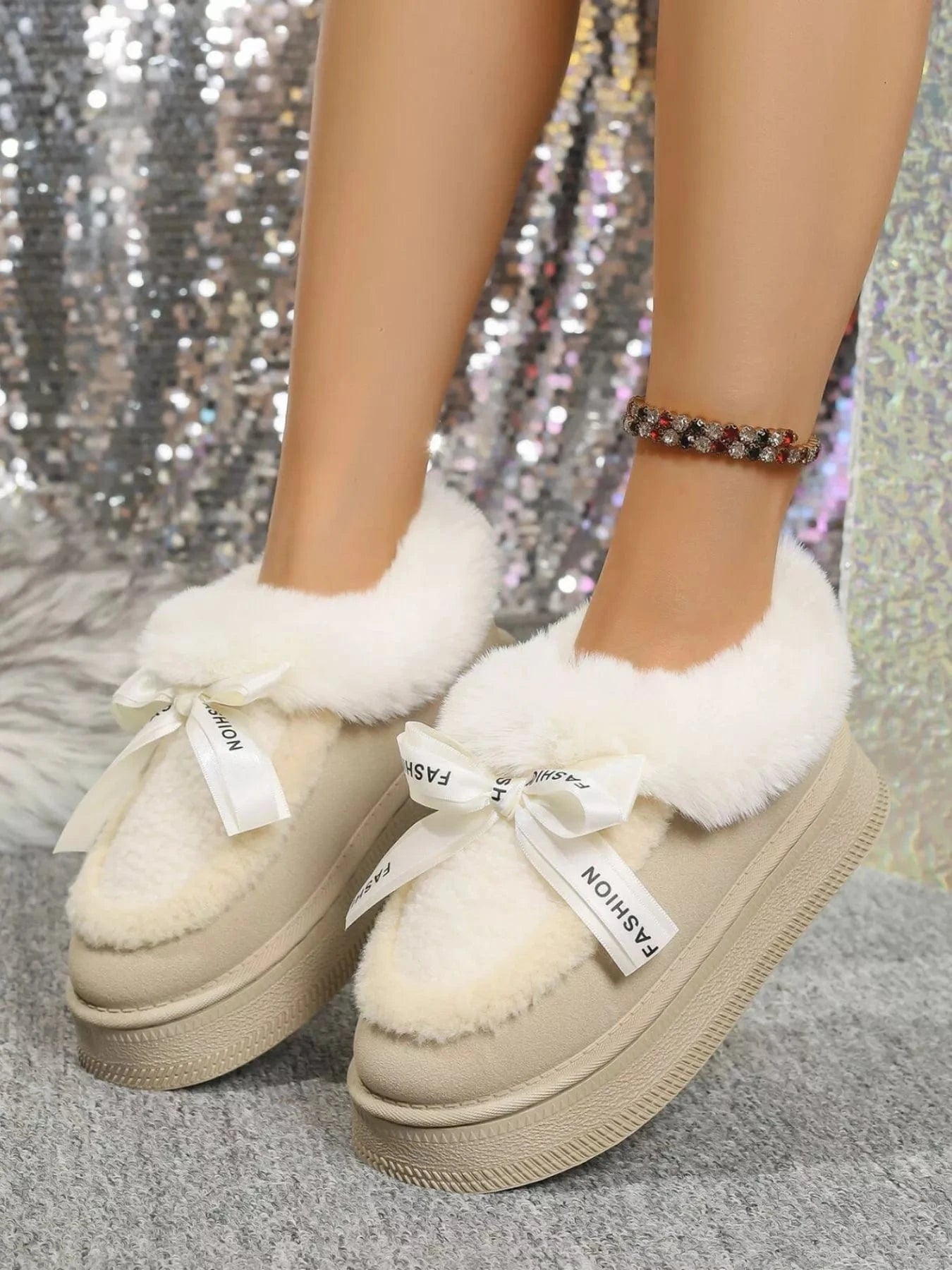 Round Toe Platform Ankle Boots Beige - Fashorio