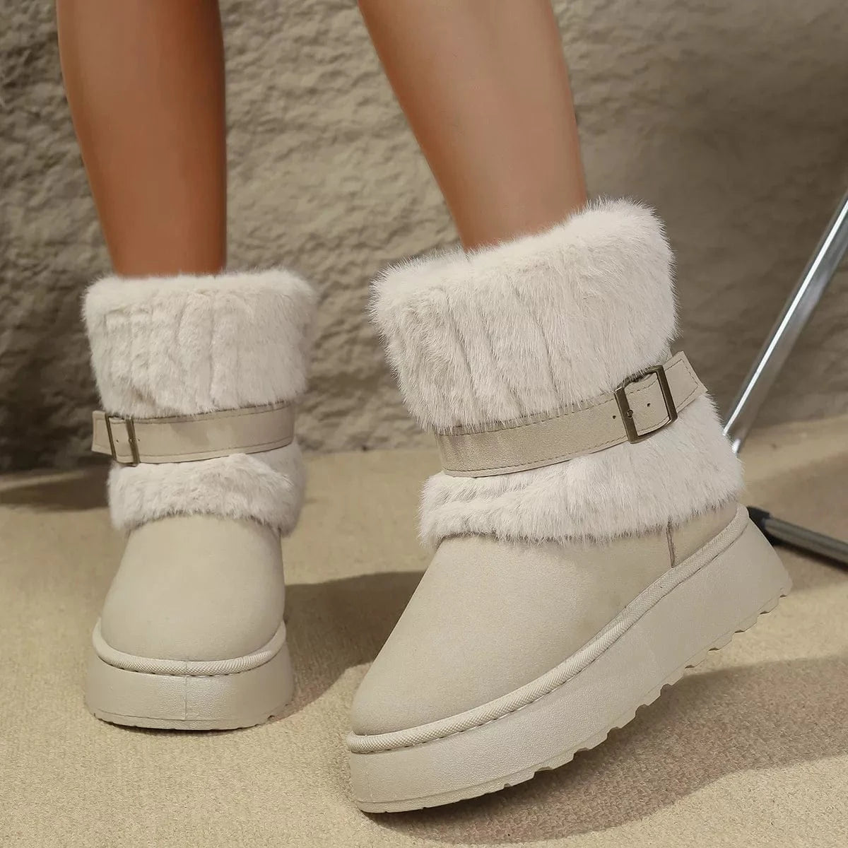 Round Toe Platform Boots Beige - Fashorio