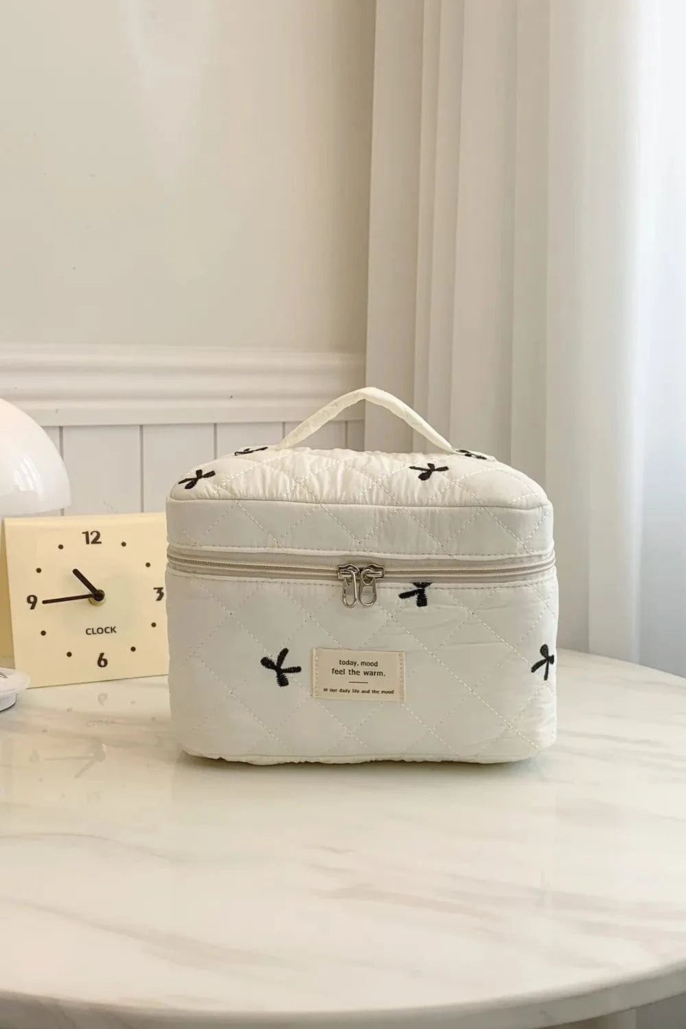 Bow Embroidered Quilted Storage Bag with Zip Beige One Size - Fashorio