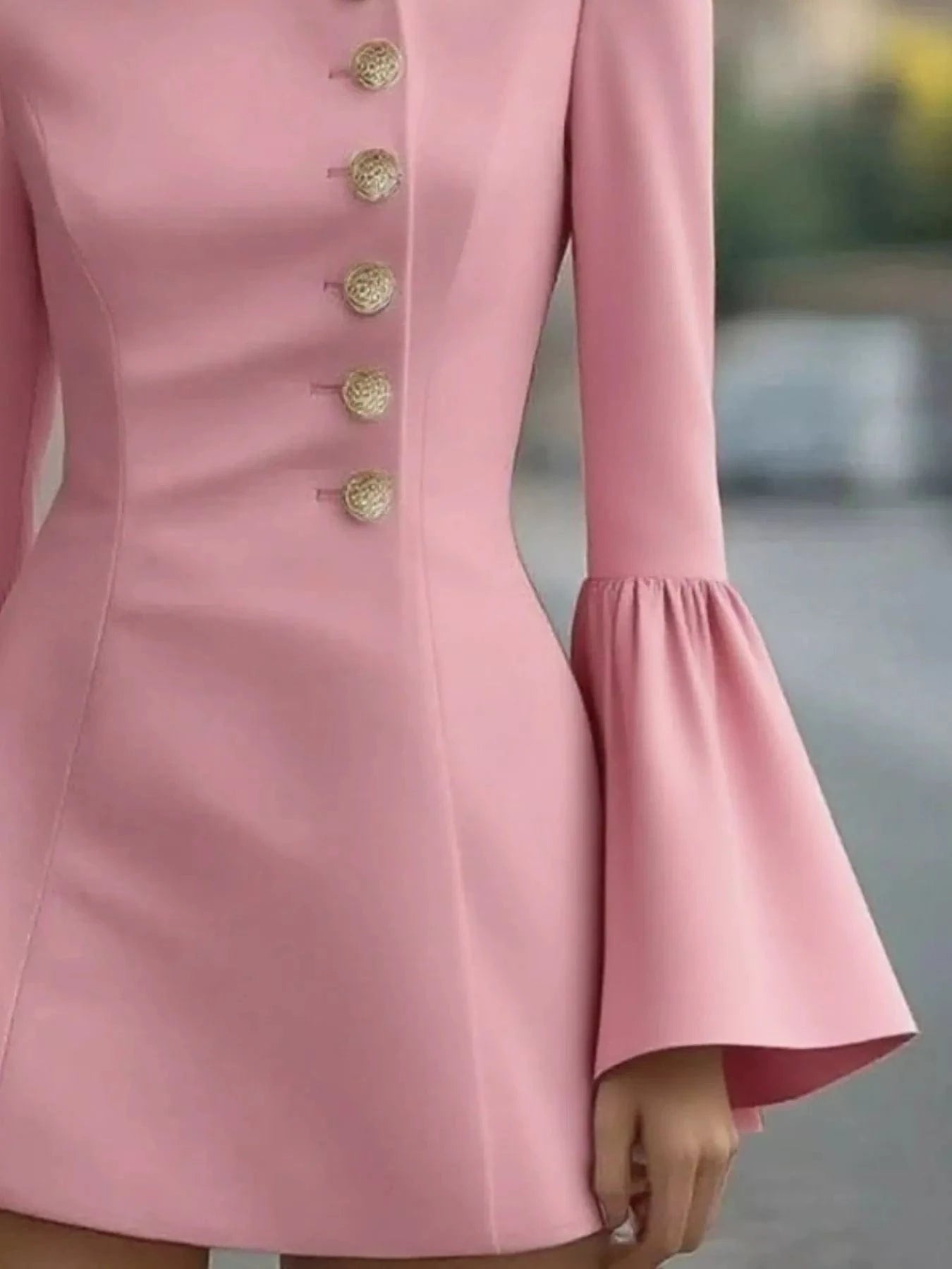 Bell Sleeve Mini Dress with Front Button - Fashorio