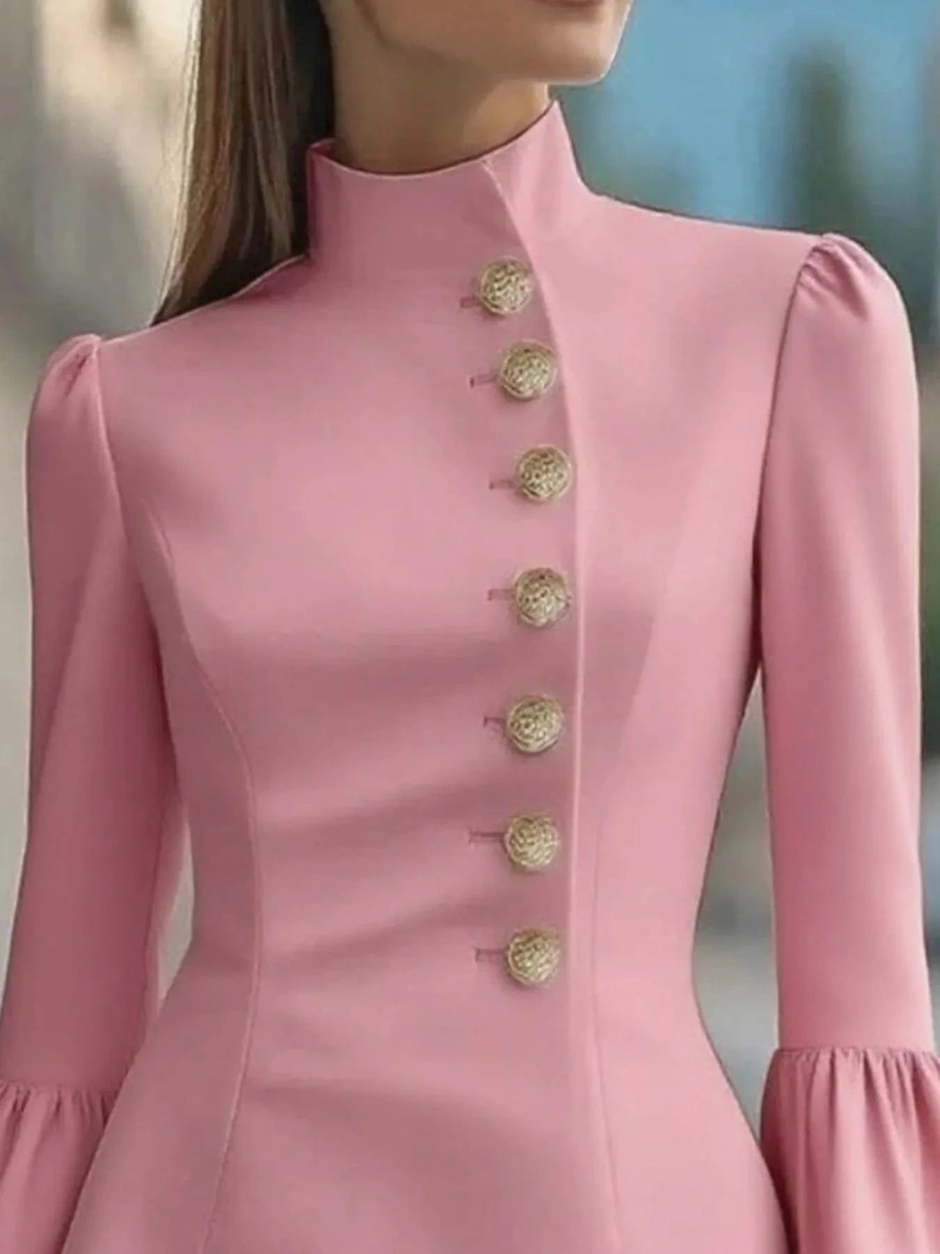 Bell Sleeve Mini Dress with Front Button - Fashorio