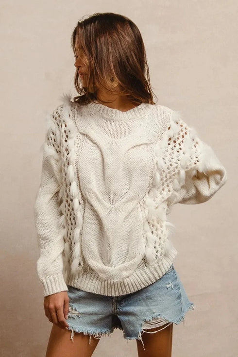 BiBi Faux Fur Detailed Pointelle Cable Knit Sweater - Fashorio