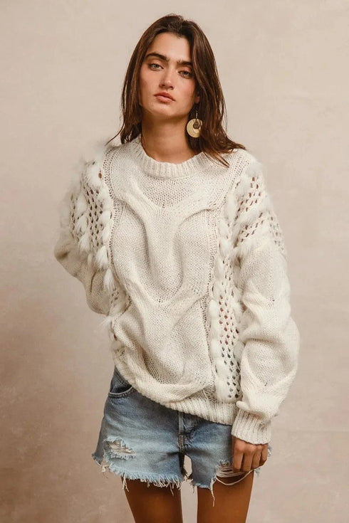 BiBi Faux Fur Detailed Pointelle Cable Knit Sweater - Fashorio