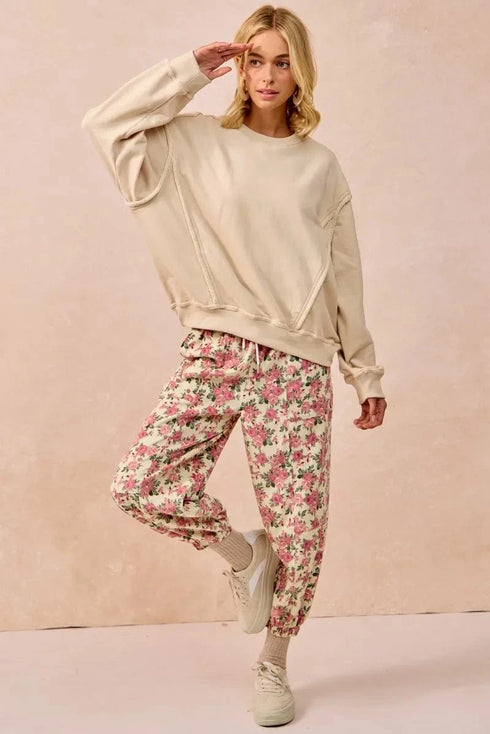 BiBi Floral Printed Twill Drawstring Pants With Elastic Band - Fashorio