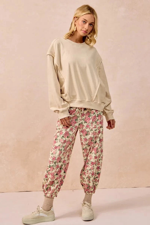 BiBi Floral Printed Twill Drawstring Pants With Elastic Band - Fashorio