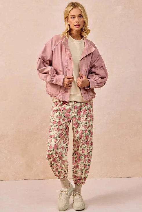 BiBi Floral Printed Twill Drawstring Pants With Elastic Band - Fashorio