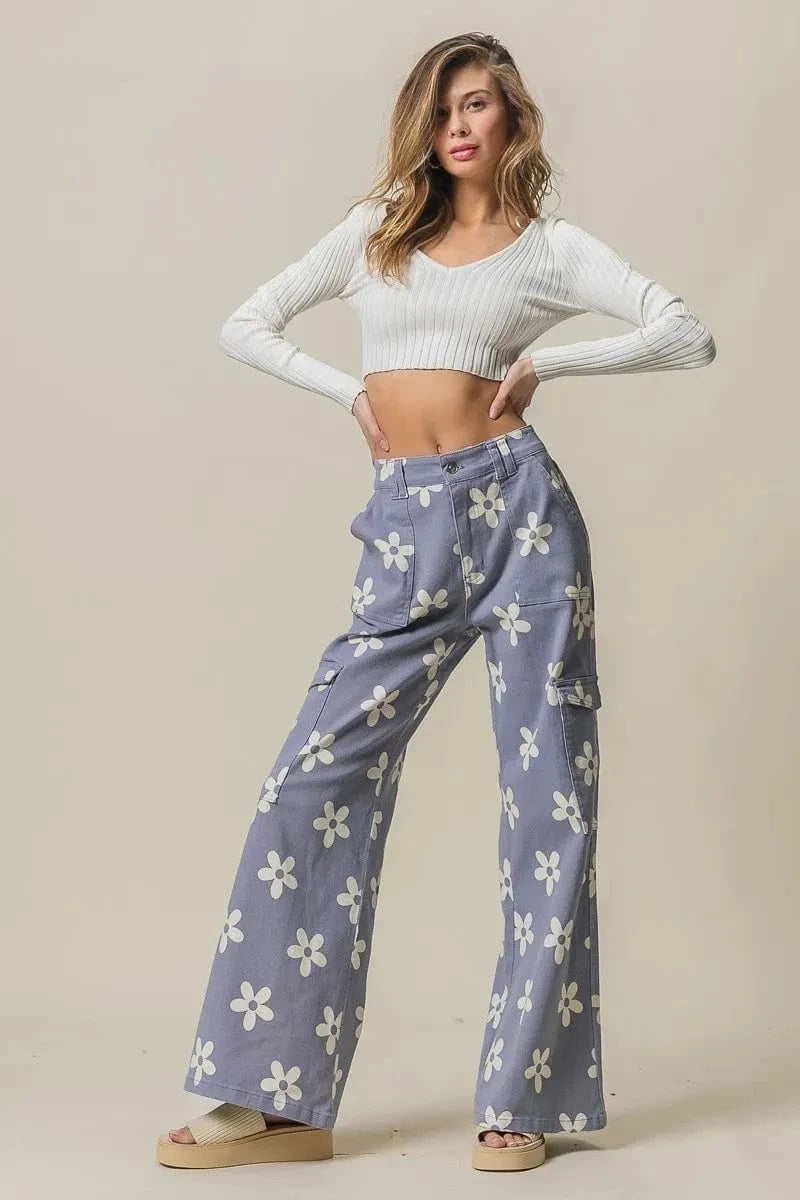 BiBi Flower Printed Side Pocket Wide Pants - Fashorio