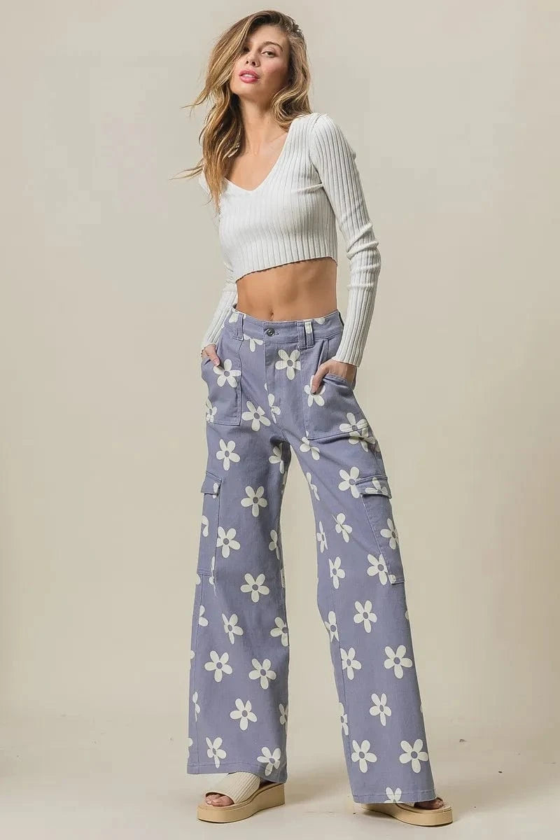 BiBi Flower Printed Side Pocket Wide Pants - Fashorio