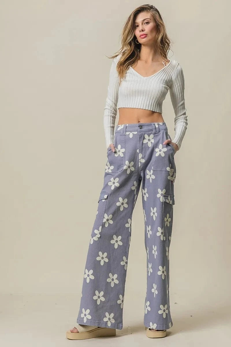 BiBi Flower Printed Side Pocket Wide Pants - Fashorio