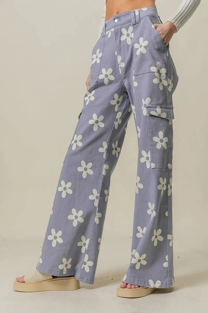 BiBi Flower Printed Side Pocket Wide Pants - Fashorio