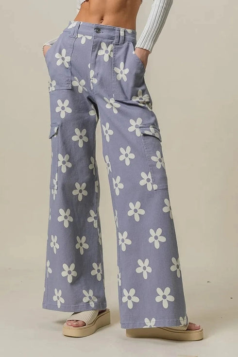 BiBi Flower Printed Side Pocket Wide Pants - Fashorio