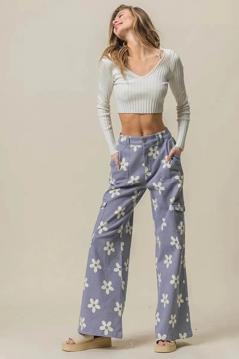 BiBi Flower Printed Side Pocket Wide Pants - Fashorio