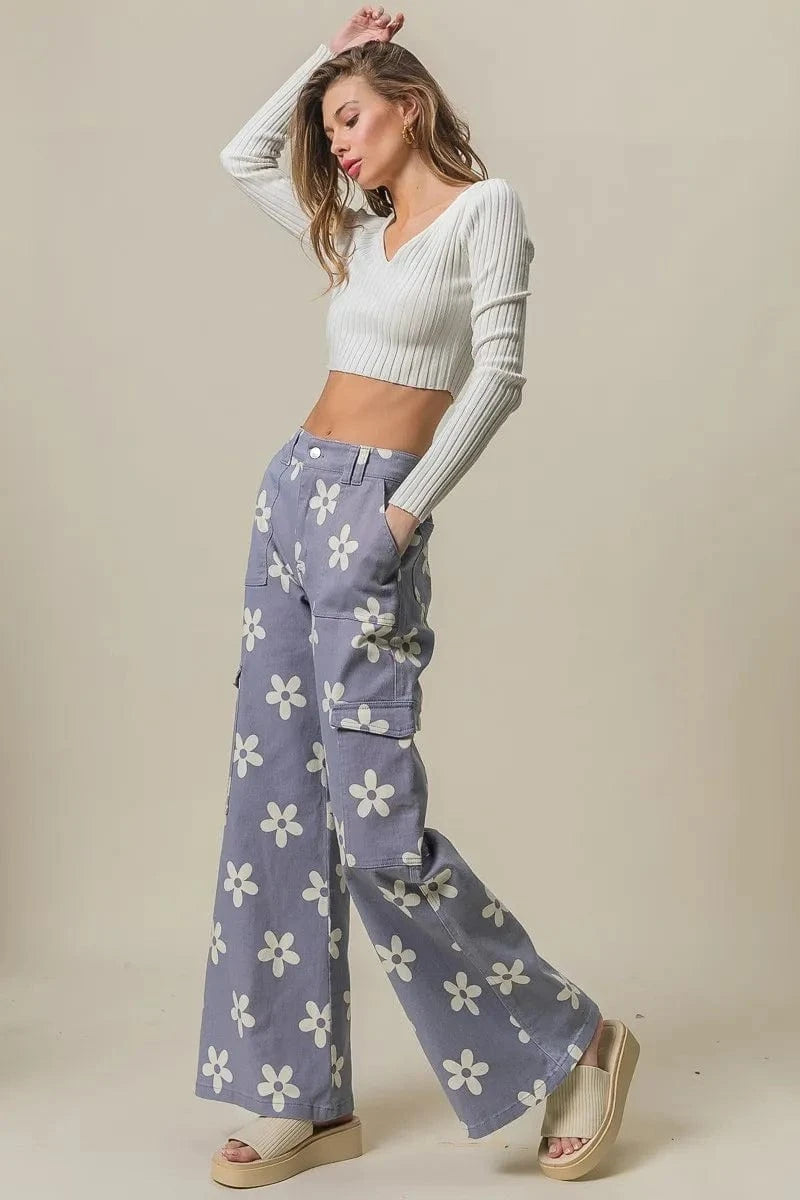 BiBi Flower Printed Side Pocket Wide Pants - Fashorio