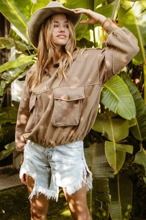 BiBi Half Zip Vintage Washed Fleece Pullover - Fashorio