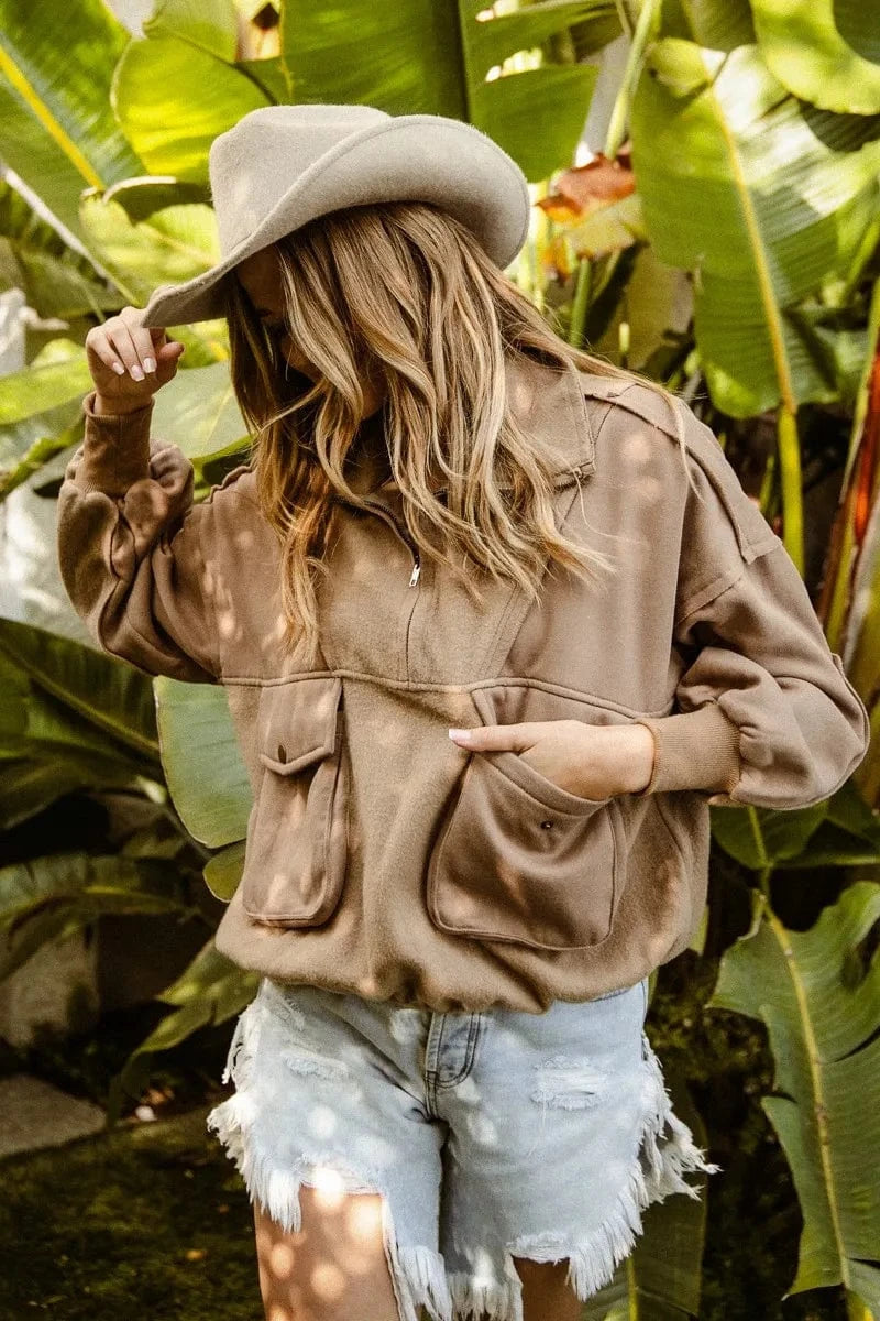 BiBi Half Zip Vintage Washed Fleece Pullover - Fashorio