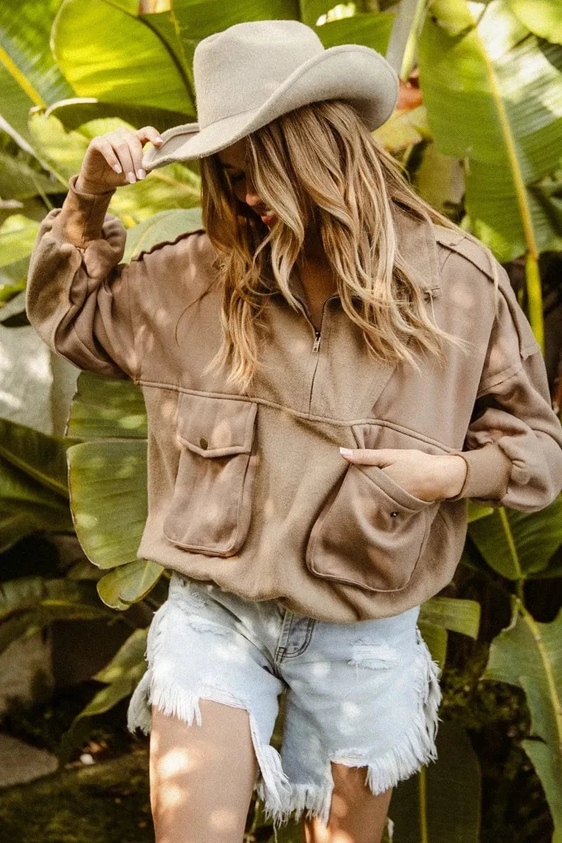 BiBi Half Zip Vintage Washed Fleece Pullover - Fashorio