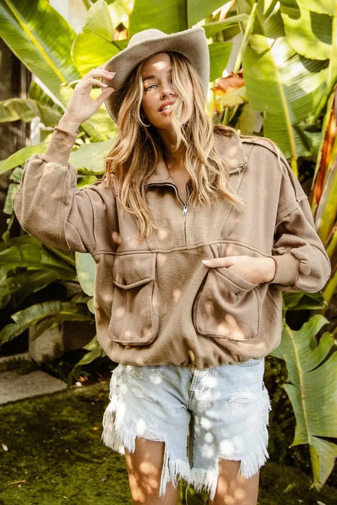 BiBi Half Zip Vintage Washed Fleece Pullover - Fashorio