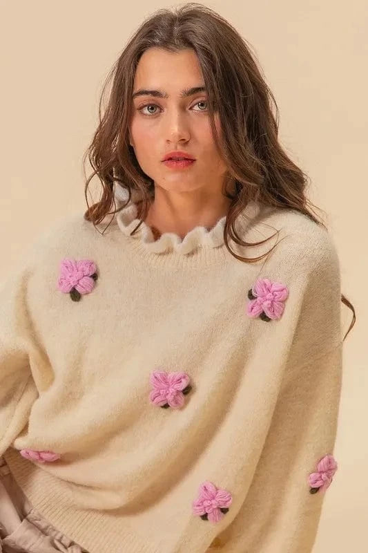 BiBi Ruffled Crochet Flower Dropped Shoulder Sweater - Fashorio