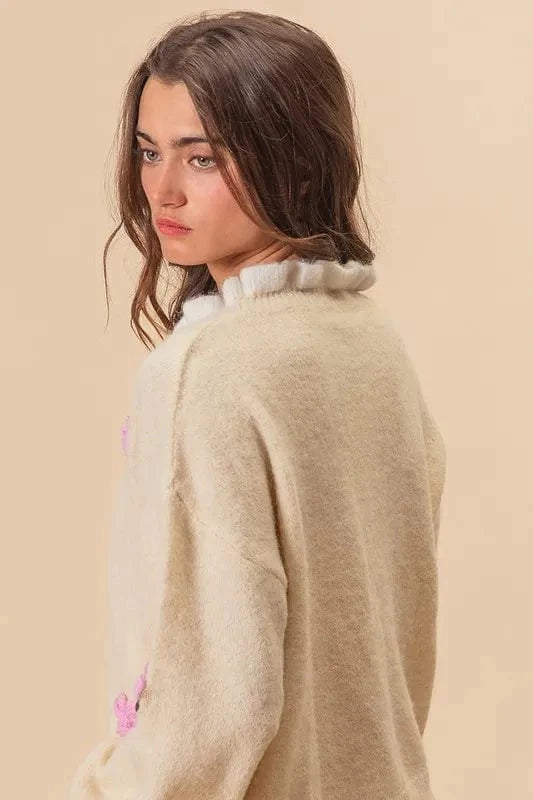 BiBi Ruffled Crochet Flower Dropped Shoulder Sweater - Fashorio