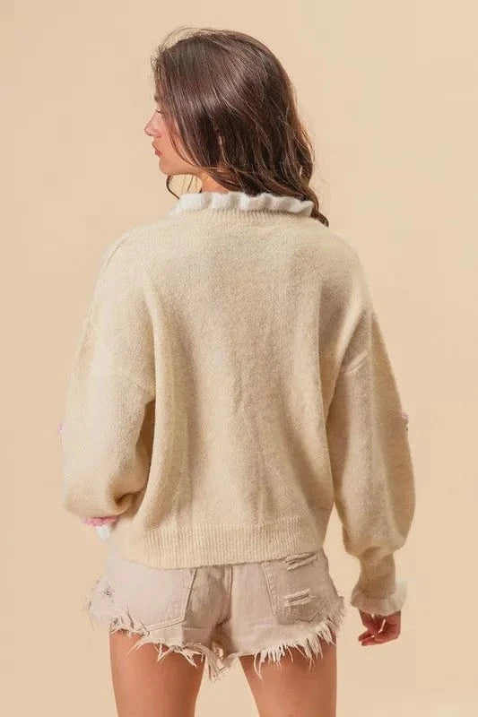 BiBi Ruffled Crochet Flower Dropped Shoulder Sweater - Fashorio