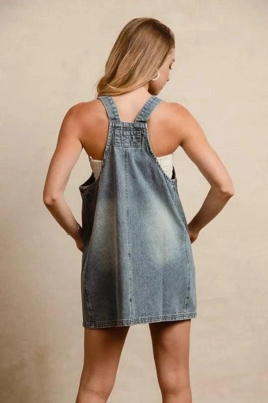 BiBi Washed Adjustable Strap Denim Overall Dress - Fashorio