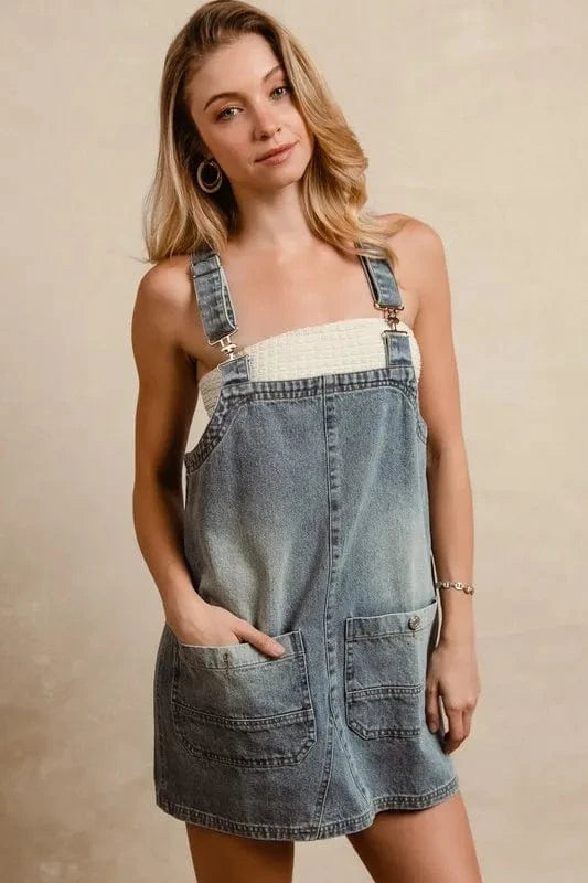 BiBi Washed Adjustable Strap Denim Overall Dress - Fashorio