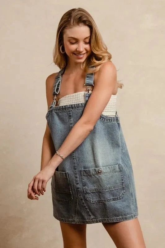 BiBi Washed Adjustable Strap Denim Overall Dress - Fashorio