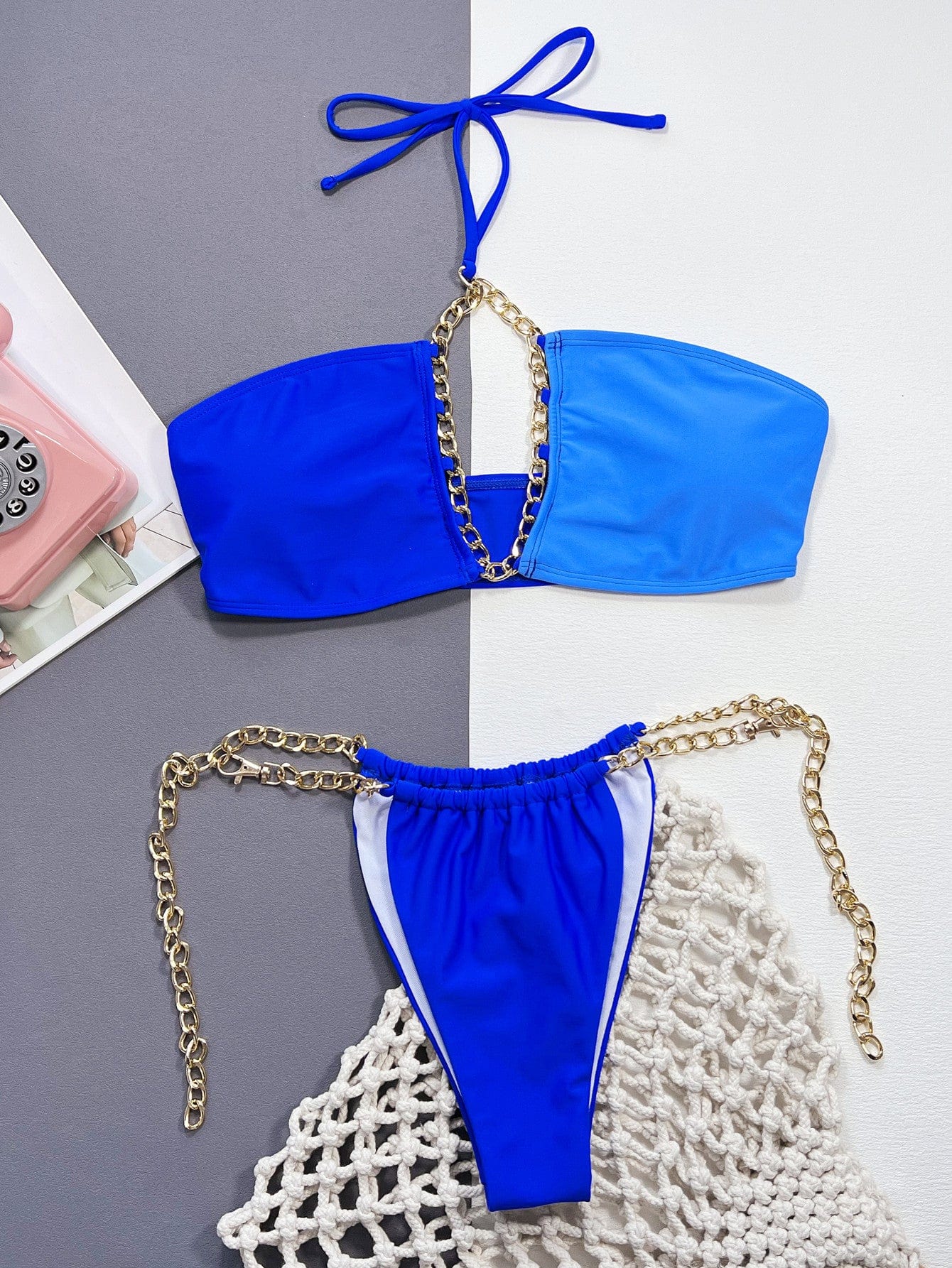 Chain Detail Halter Neck Bikini Set - Sexy Beach Look - Fashorio
