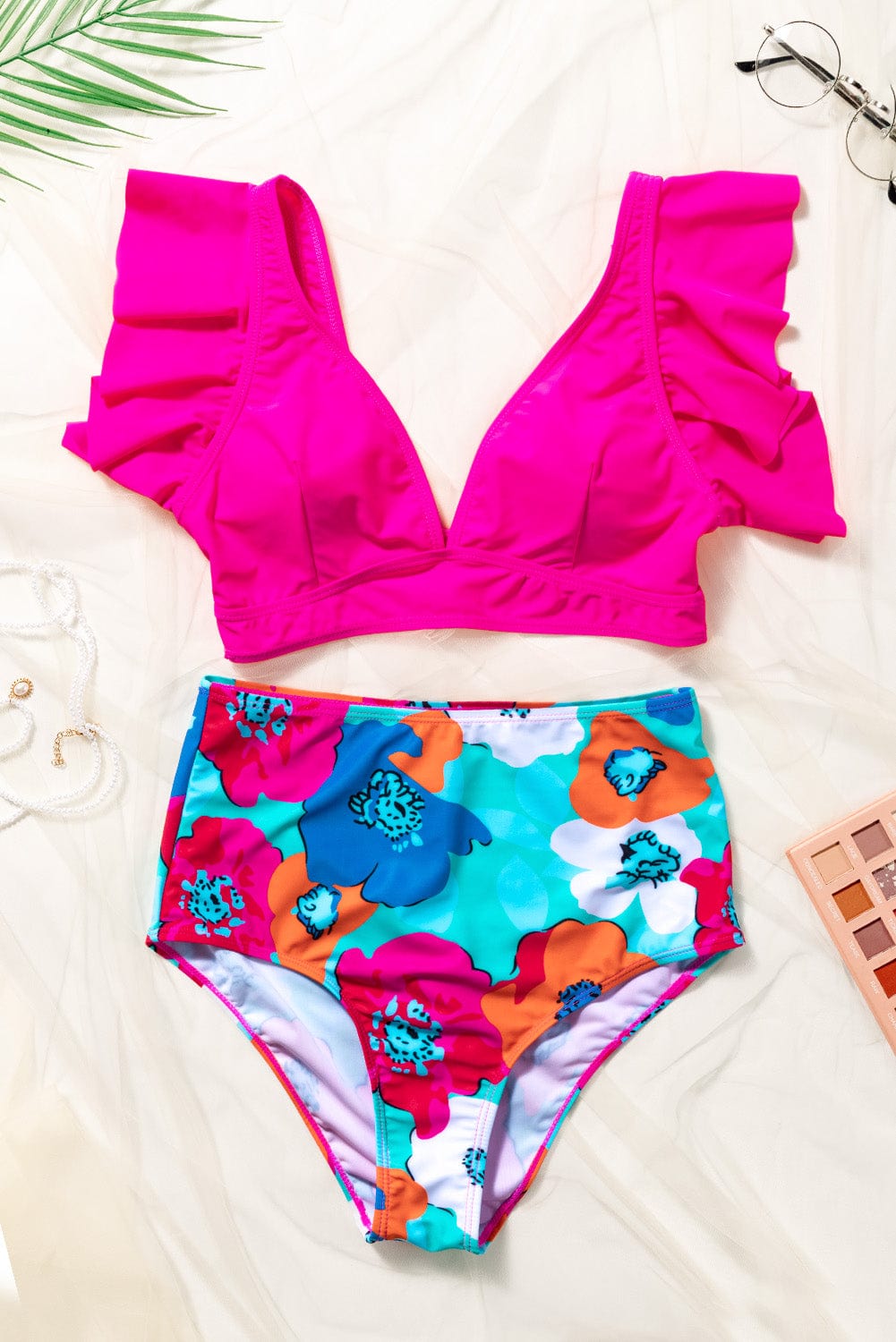 Cropped Swim Top and Floral Bottoms Set - Removable Padding - Fashorio