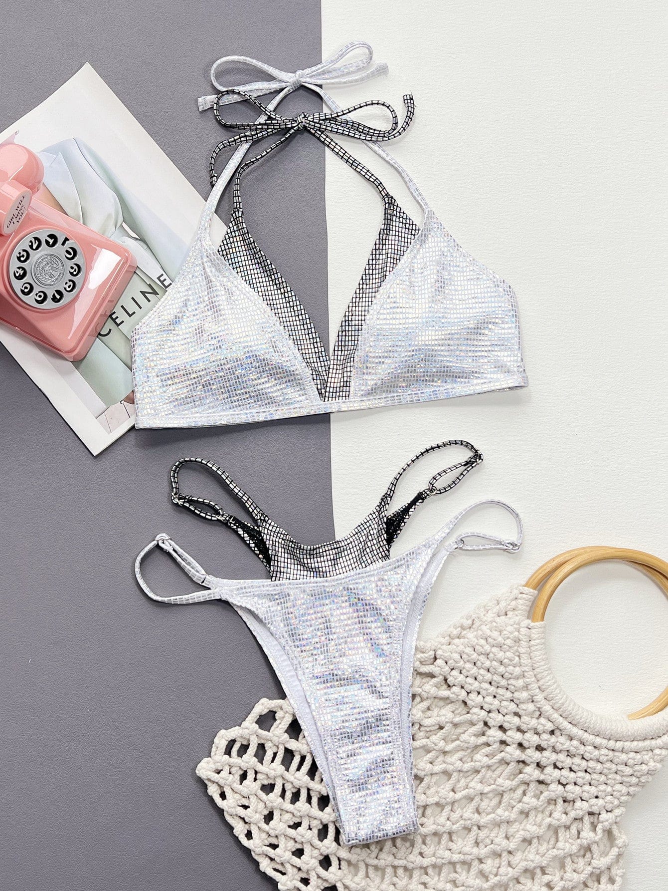 Faux Layered Halter Neck 2-Piece Bikini Set - Removable Pad - Fashorio