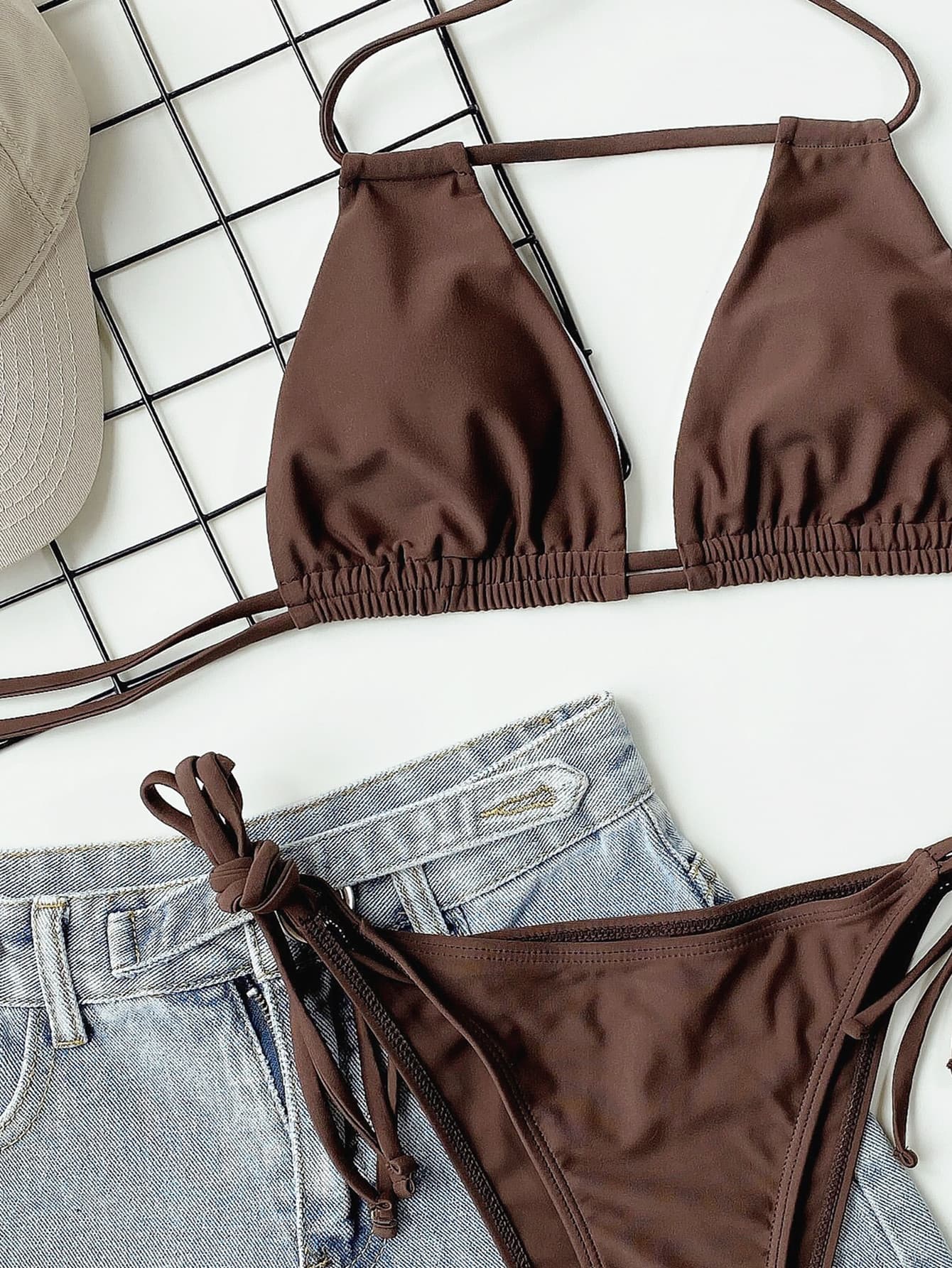 Halter Neck Ruched Bikini Set - Removable Cups for Comfort - Fashorio