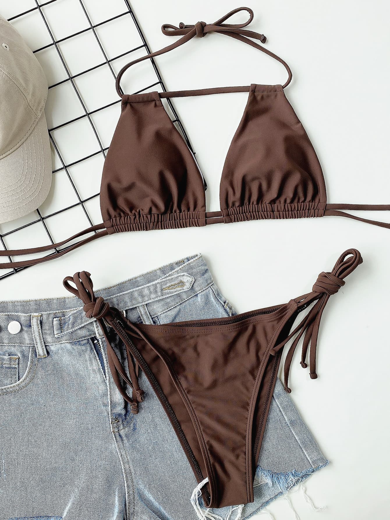 Halter Neck Ruched Bikini Set - Removable Cups for Comfort - Fashorio