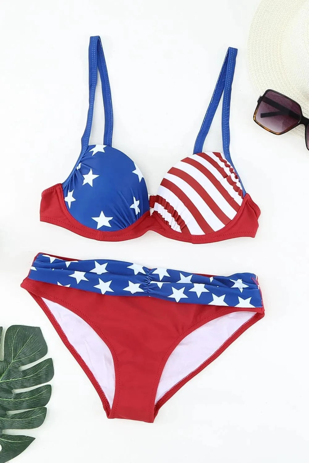 Printed Ruched Bikini Set - Striped Print Moderate Stretch Red Blue - Fashorio