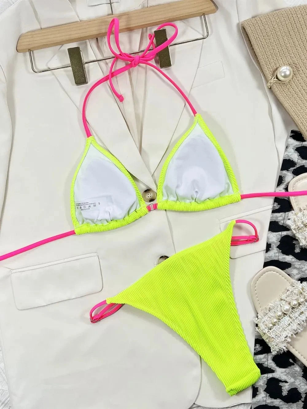 Ribbed Tie Back Bikini Set Removable Padding Two Piece - Fashorio