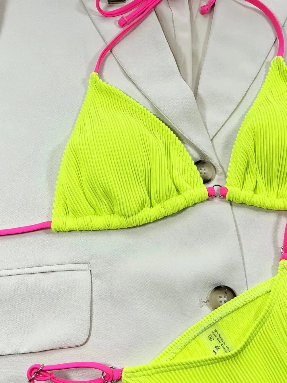 Ribbed Tie Back Bikini Set Removable Padding Two Piece - Fashorio