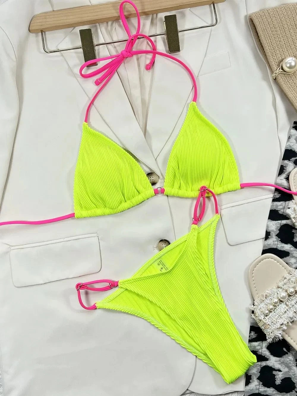Ribbed Tie Back Bikini Set Removable Padding Two Piece - Fashorio