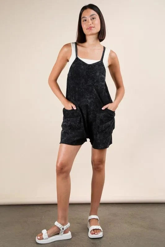 VERY J Plus Size Mineral Washed Sleeveless Knit Romper Black - Fashorio