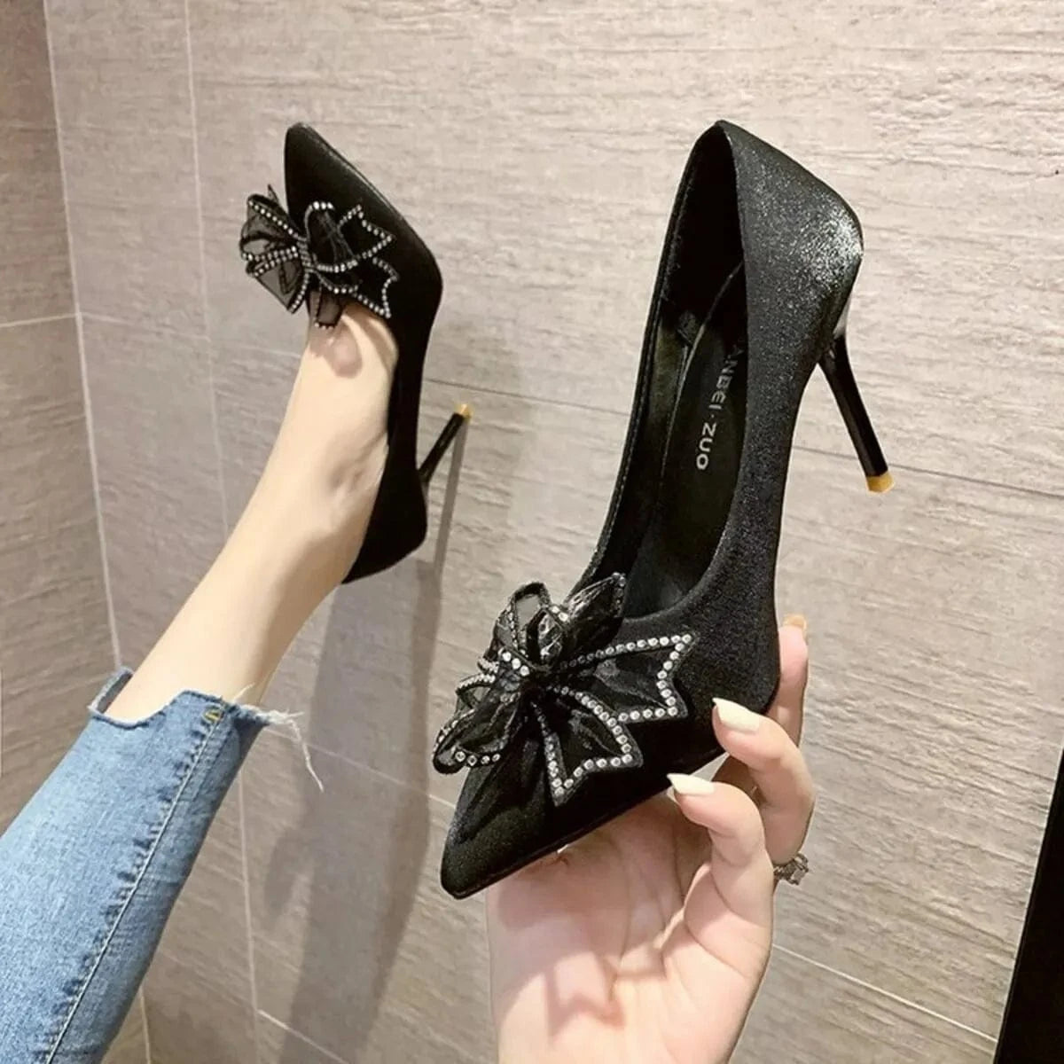 Bow Point Toe Stiletto Pumps Black - Fashorio
