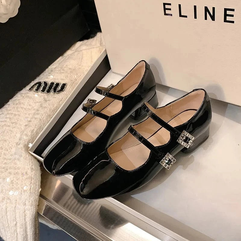 Block Heel Buckle Mary Jane Shoes Black - Fashorio