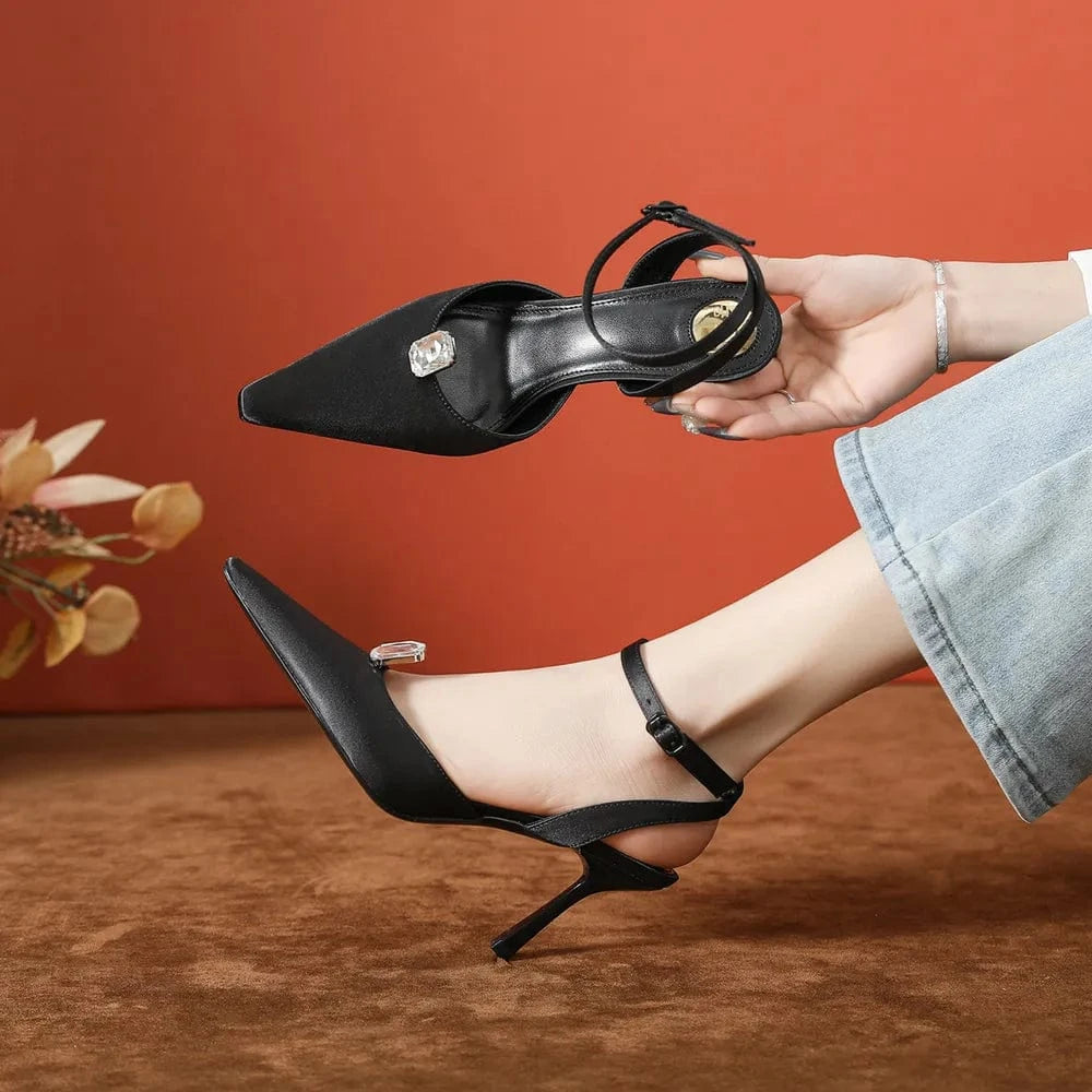 Point Toe Stiletto Slingback Pumps Black - Fashorio