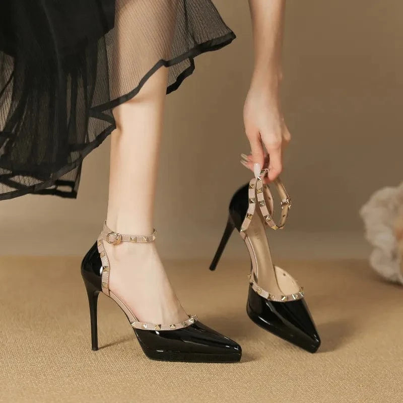Rivet Decor Ankle Strap Stiletto Pumps Black - Fashorio