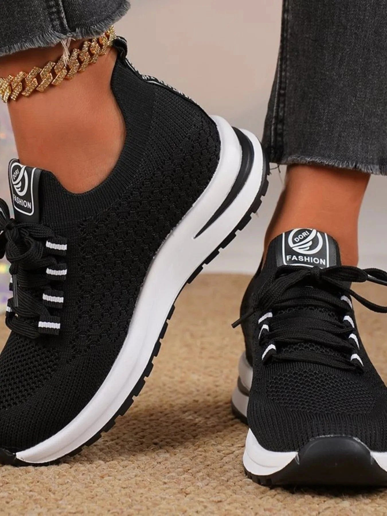 Breathable Mesh Lace Up Sneakers Black - Fashorio