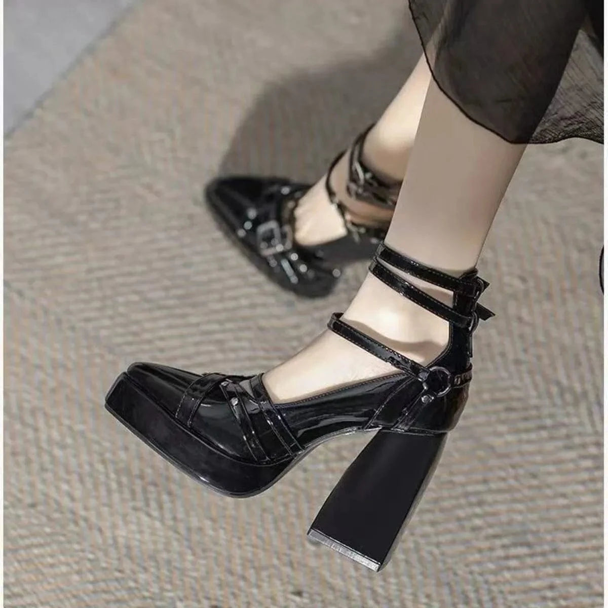 Gothic Platform Pumps with Multiple Buckle Straps Black - Fashorio