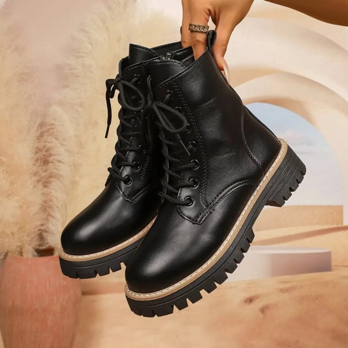 Lace Up Leather Combat Boots with Chunky Sole Black - Fashorio