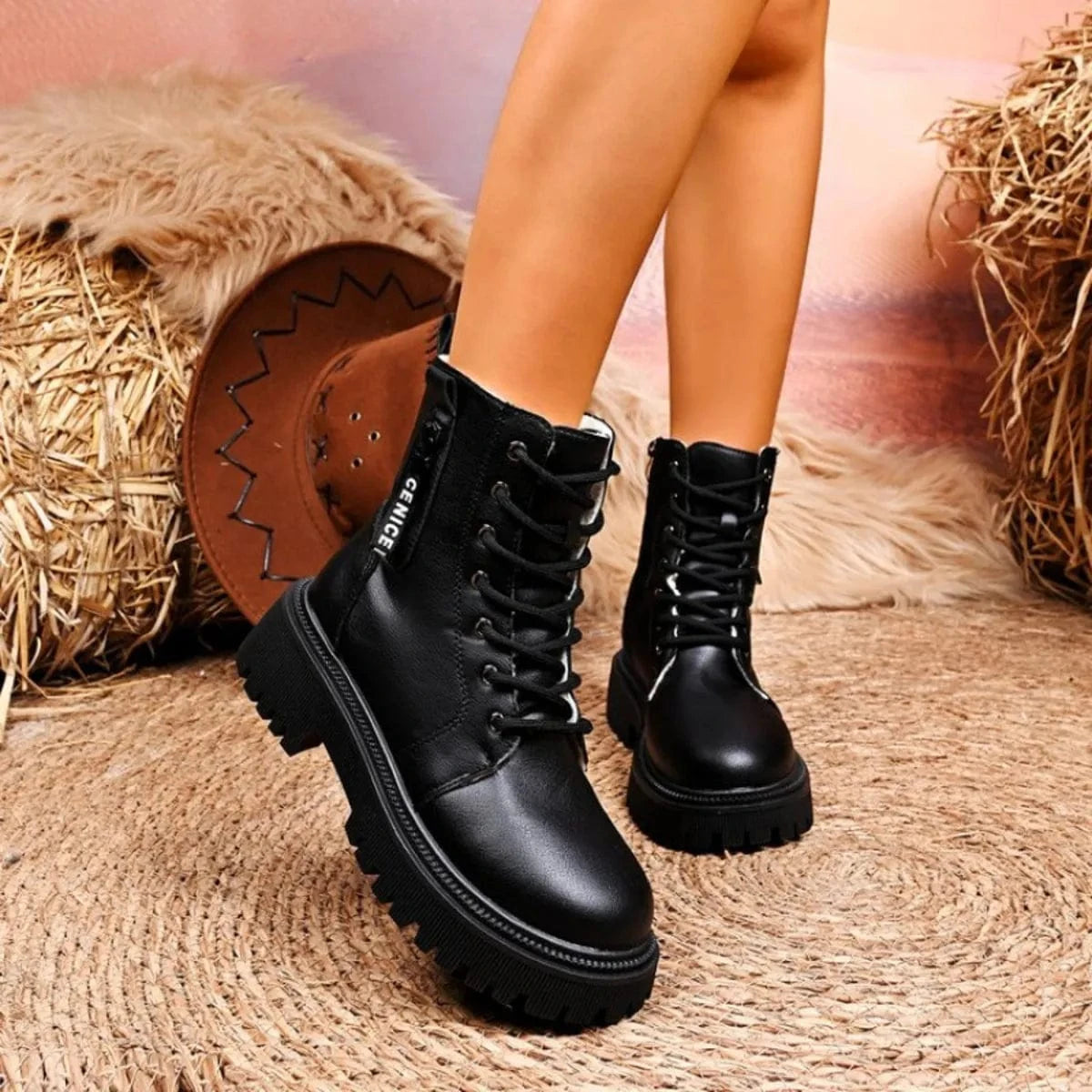 Lace-Up Platform Boots Black - Fashorio