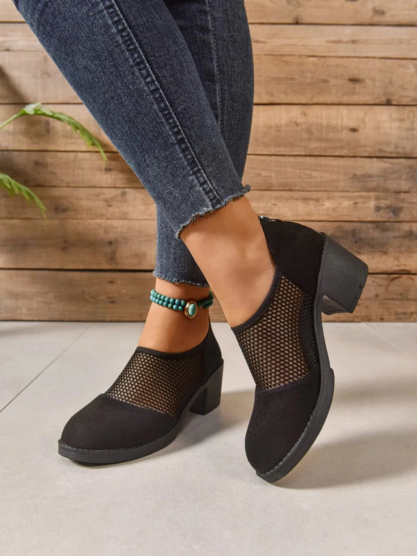 Mesh Panel Block Heel Pumps Black - Fashorio