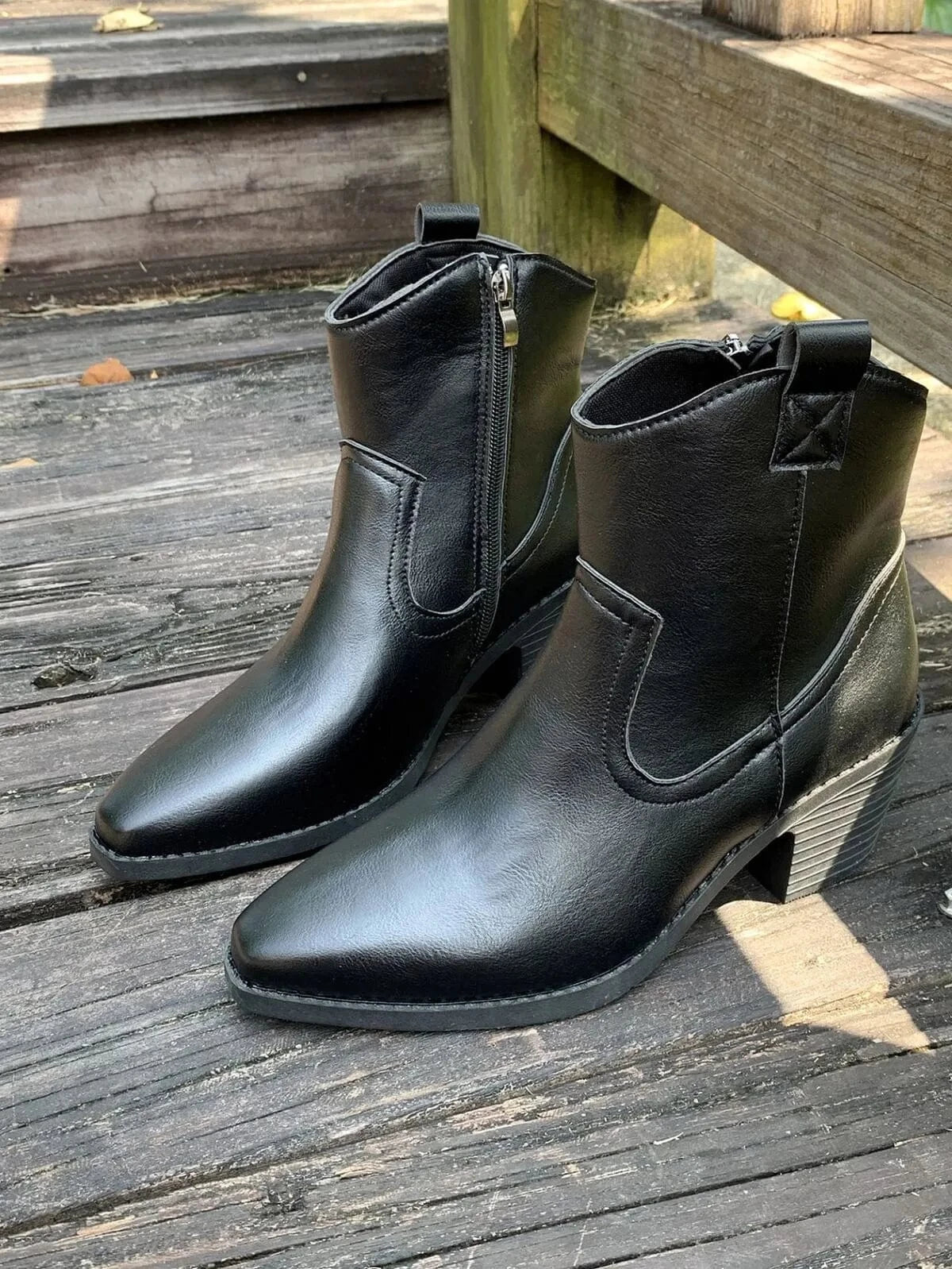 Point Toe Block Heels Boots Black - Fashorio
